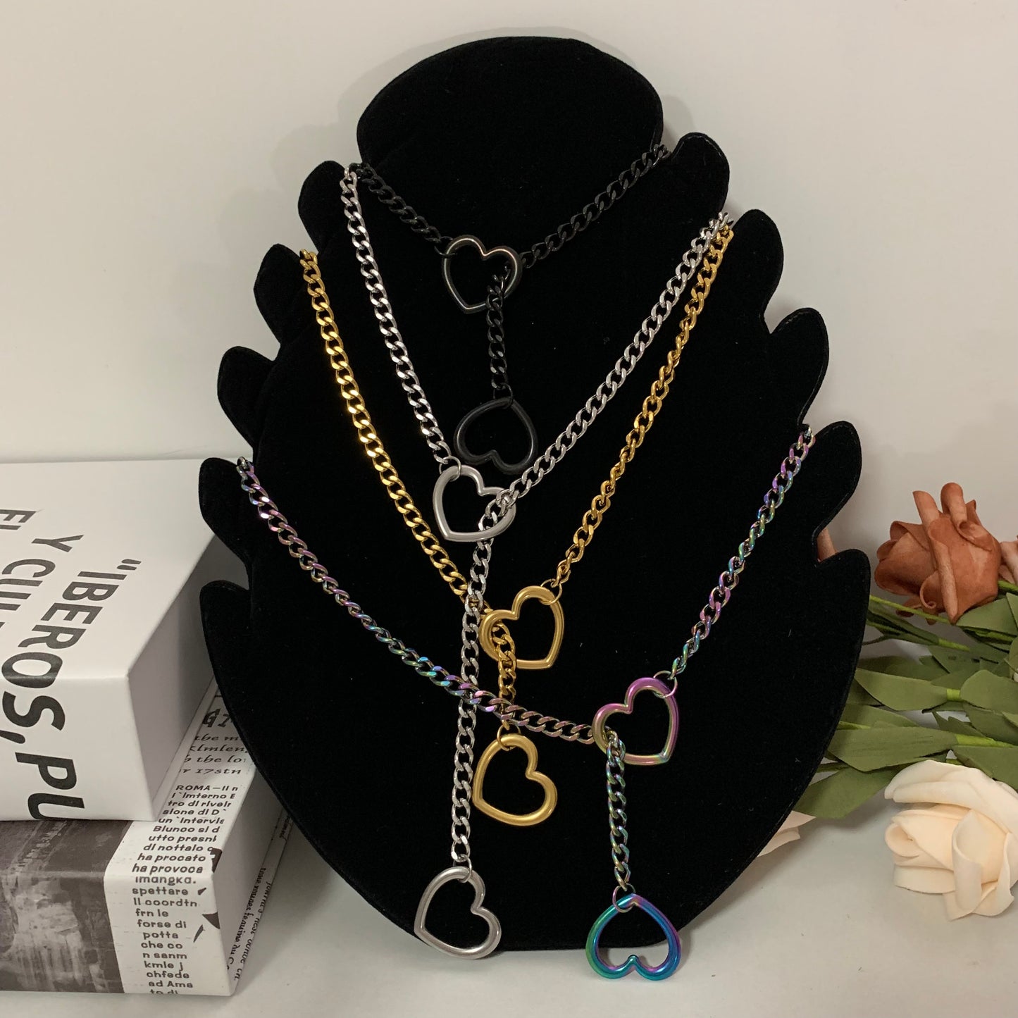 Heart Necklace Heart Slip Chain with Heart O-Ring,Punk Style Necklace, Adjustable Chian Women &Men