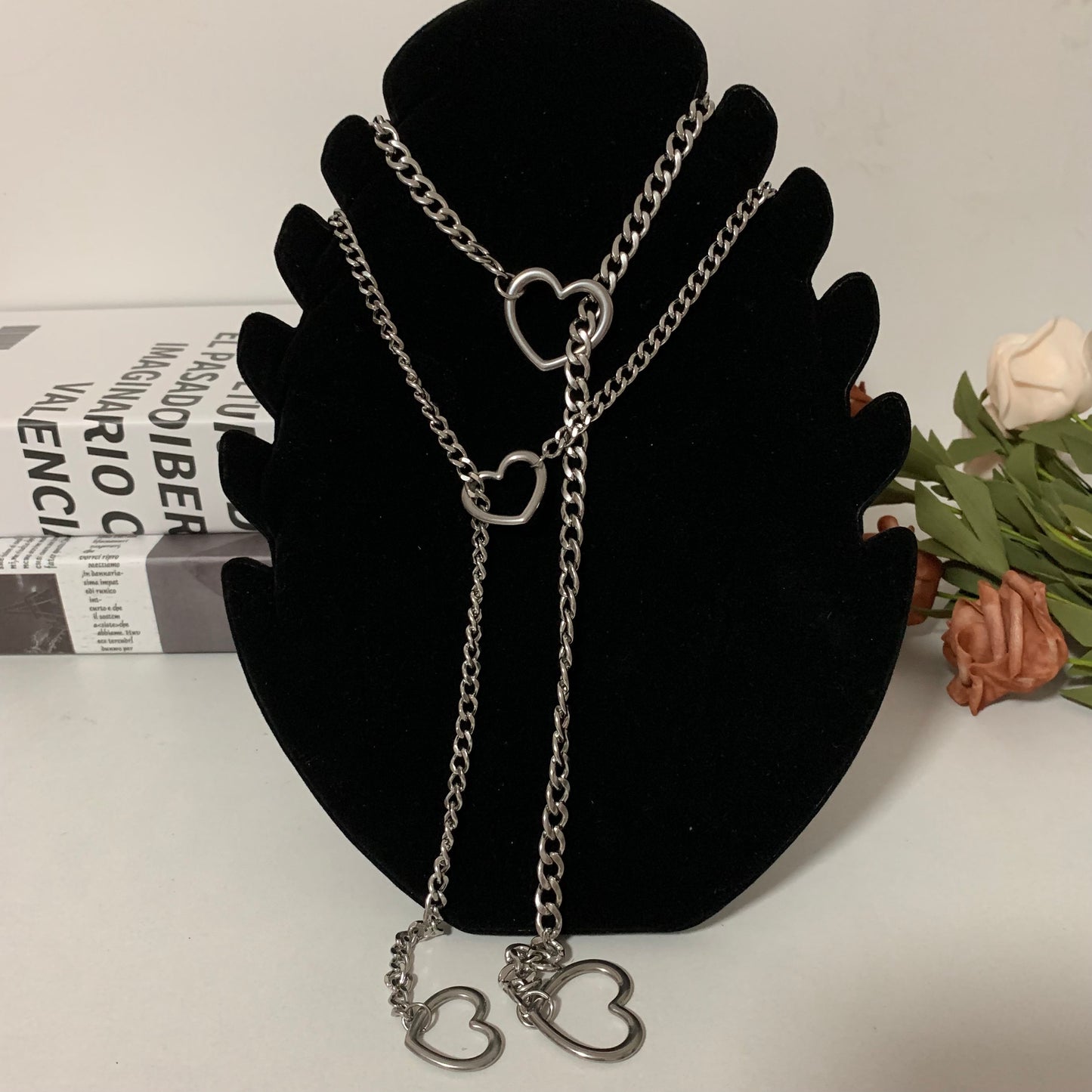 Heart Necklace Heart Slip Chain with Heart O-Ring,Punk Style Necklace, Adjustable Chian Women &Men