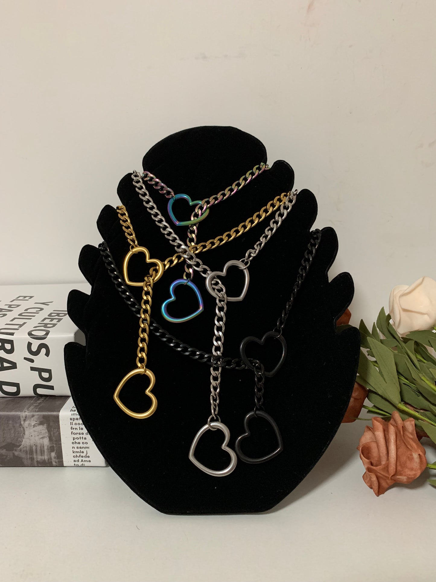 Heart Necklace Heart Slip Chain with Heart O-Ring,Punk Style Necklace, Adjustable Chian Women &Men