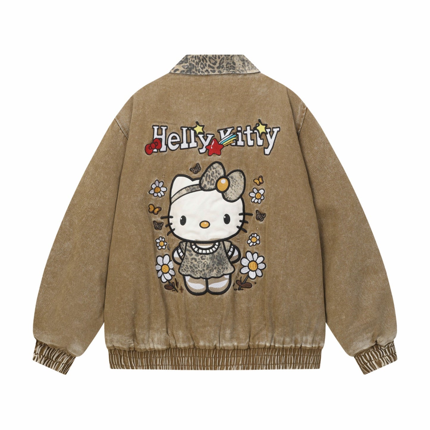 Hellokitty Brown Leopard Print Varsity Jacket Baseball Bomber Jacket Vintage Unisex Streetwear Coats