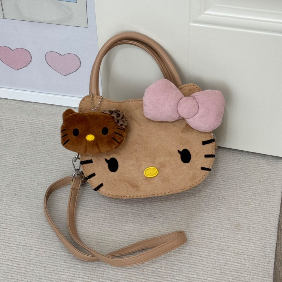 Hellokitty Shaped Brown Suede Tote Bag Handbag With Hellokitty Charm