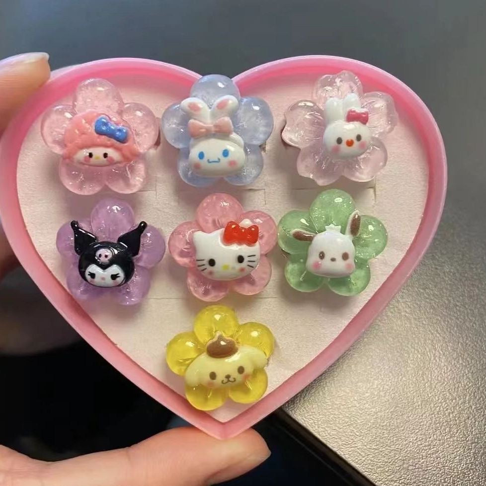 Sanrio Resin Rings Acrylic Cute Rings Set|7 Count (Pack of 1)