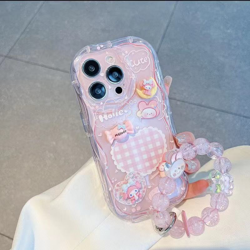 pink mymelody checkered heart iPhone case with pink phone chain（xr x xs max xs 12mini 13mini，6/7/8 /11//12/13/14...) - kikigoods