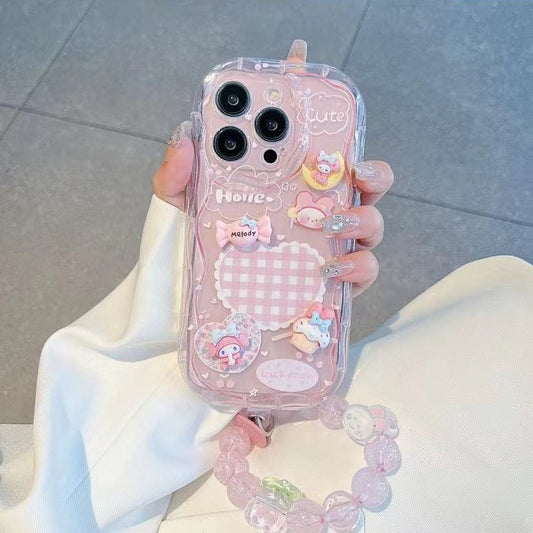 pink mymelody checkered heart iPhone case with pink phone chain（xr x xs max xs 12mini 13mini，6/7/8 /11//12/13/14...) - kikigoods