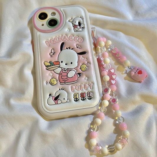 Pink overalls Pochacco iPhone Case with phonechain - kikigoods