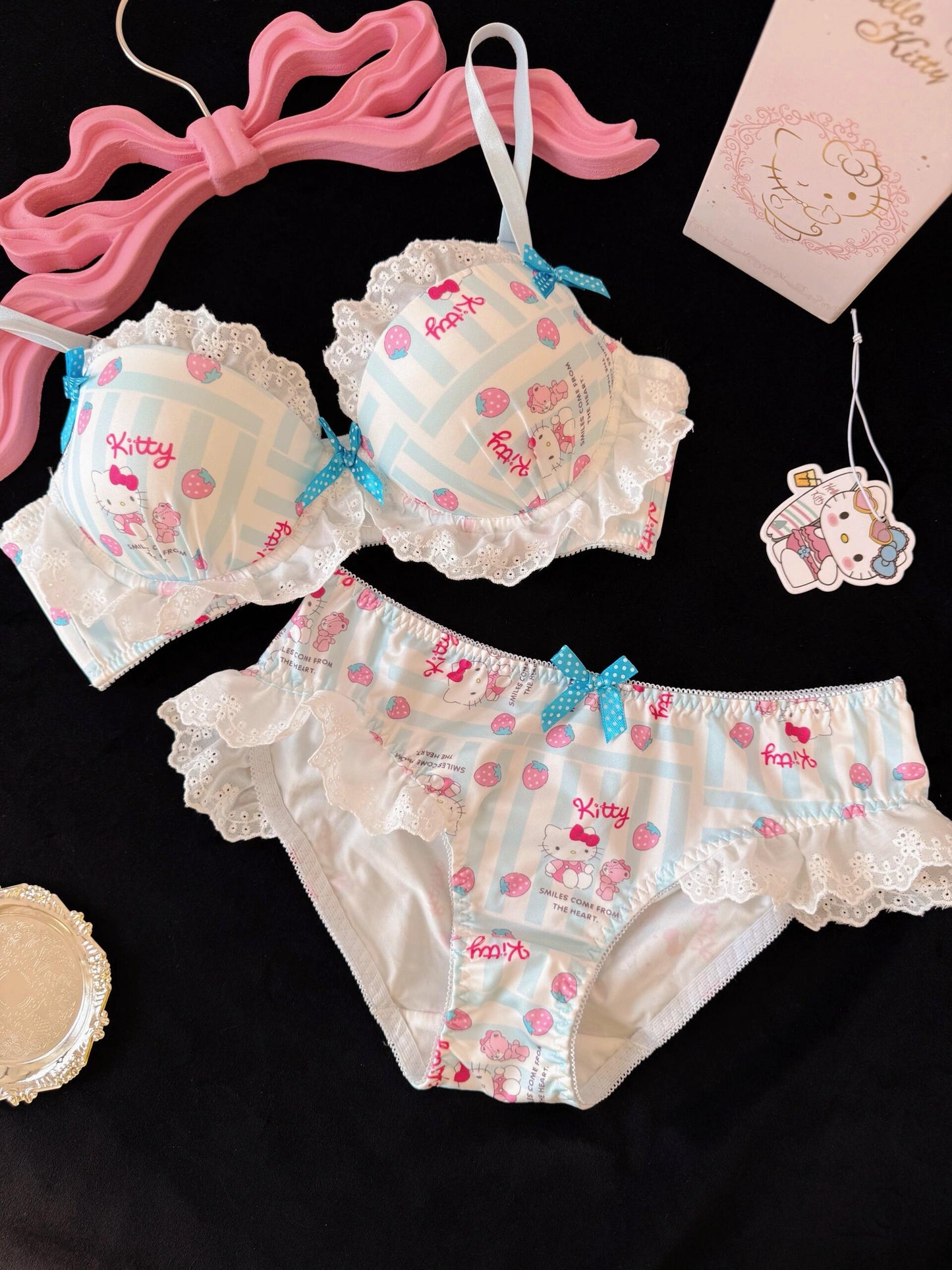 Strawberry Hellokitty Lace Trim Cotton Underwire Cute Push Up Strappy Lingerie Set Panty Bra