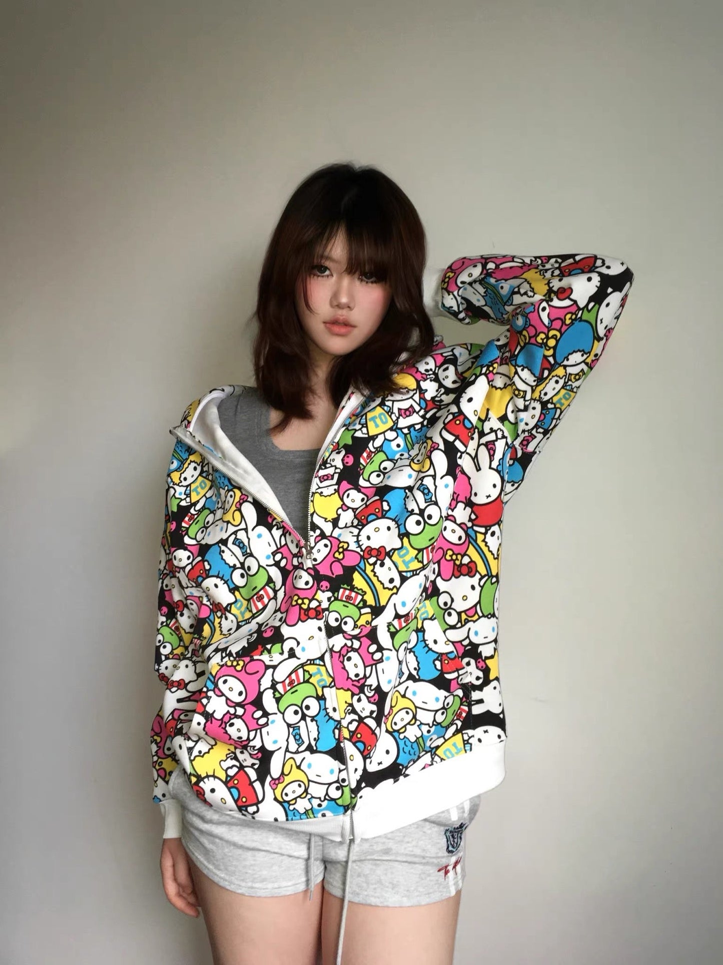 Sanrio Colorful Hoodies Fall Jacket Oversized Sweatshirts Casual Drawstring Zip Up Y2K Hoodie with Pocket