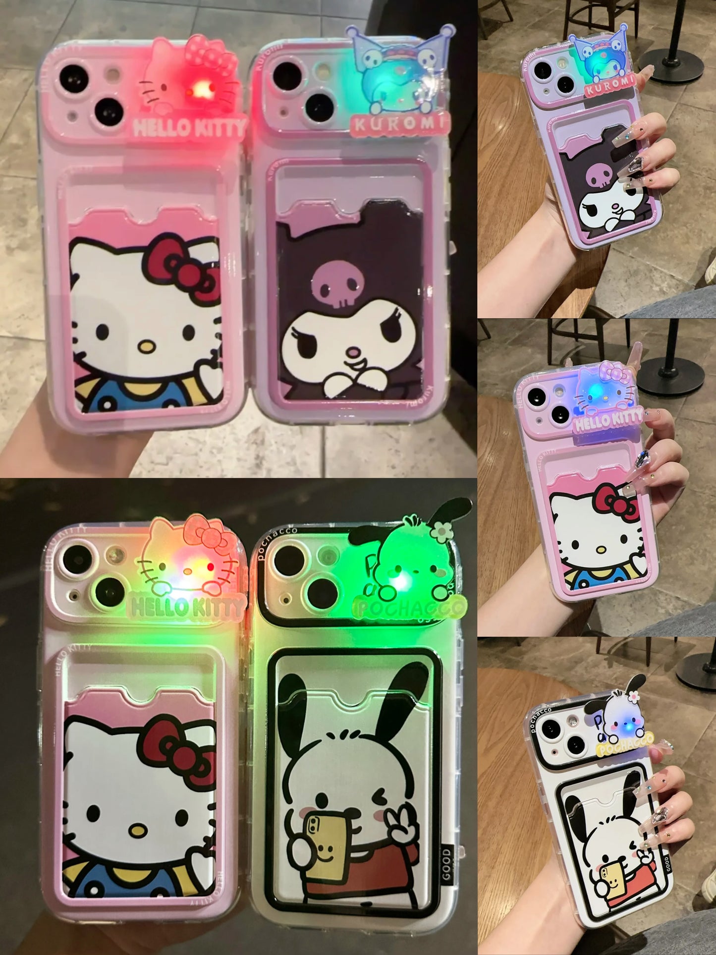 Sanrio hellokitty kuromi pochacco Luminous iphone case with card holder