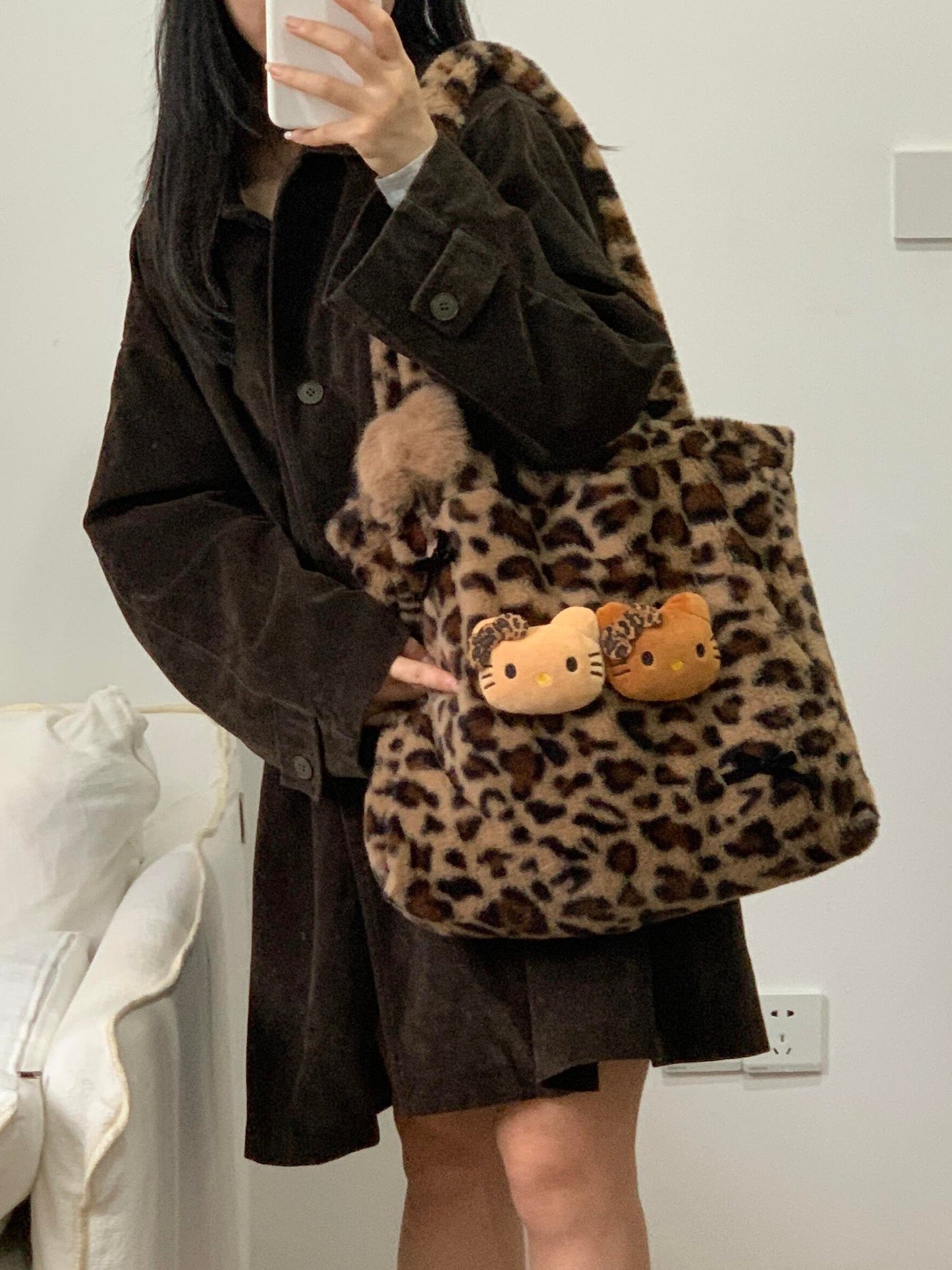 Hellokitty Leopard Print Cute Small Bags Plush Bag for Women Kawaii Carry on Bag Handbags