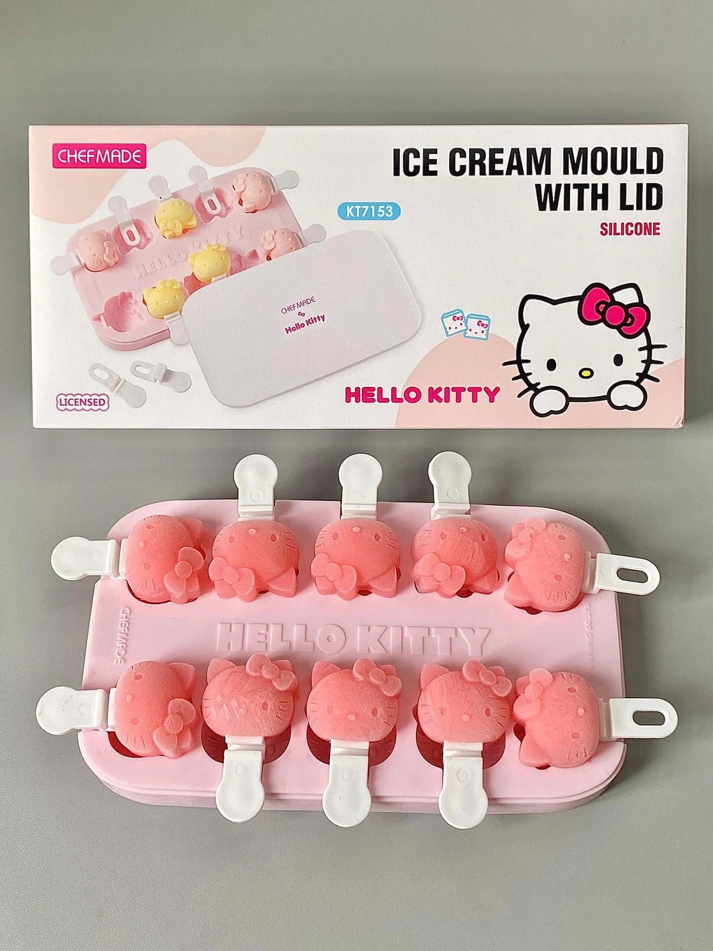 Hellokitty Shape Popsicles Molds 3Pcs Cute Ice Cream Mold Maker Easy-Release Homemade Ice Pop Tray Silicone with Lid & Stick