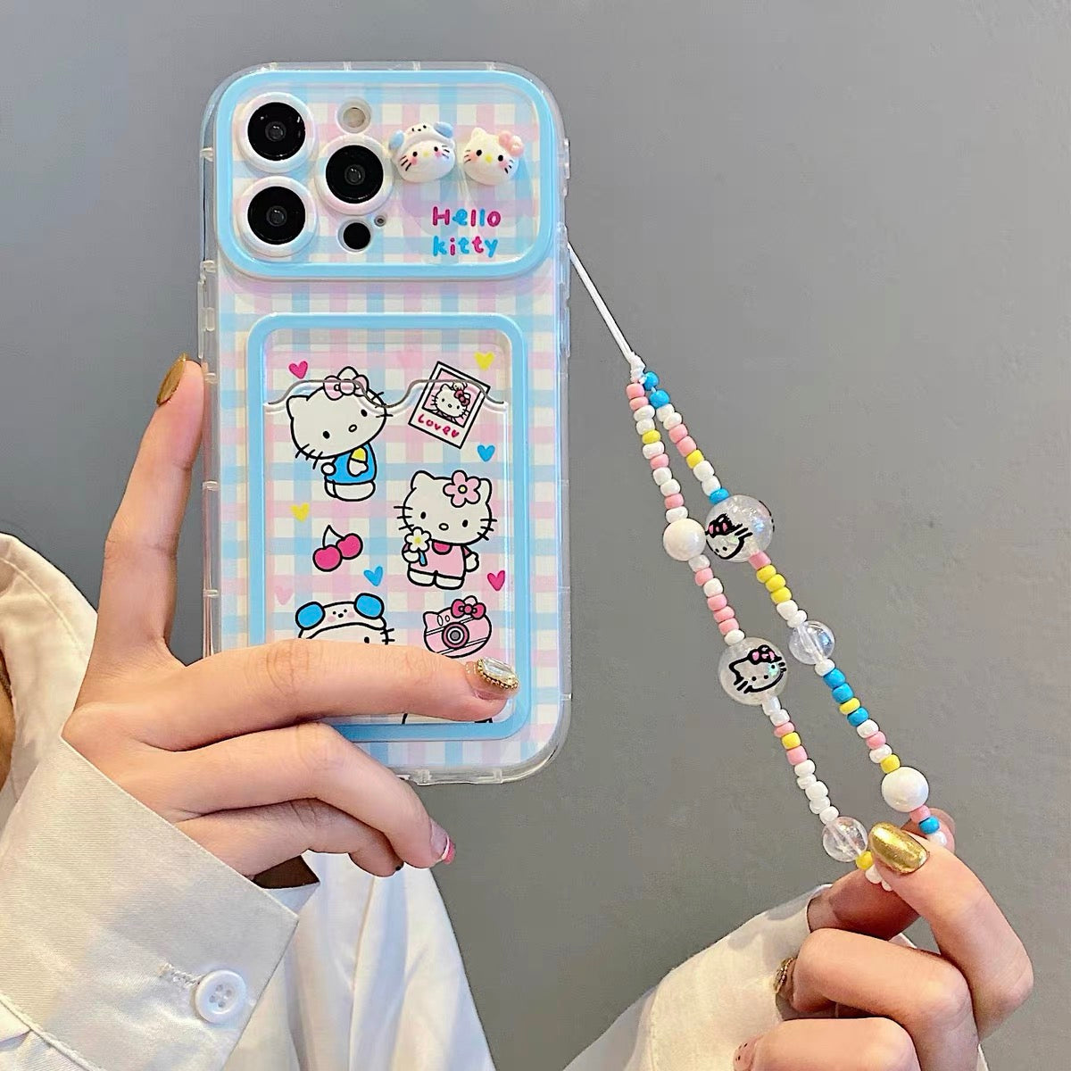 Blue and pink plaid hellokitty phone case with card holder and phonechain