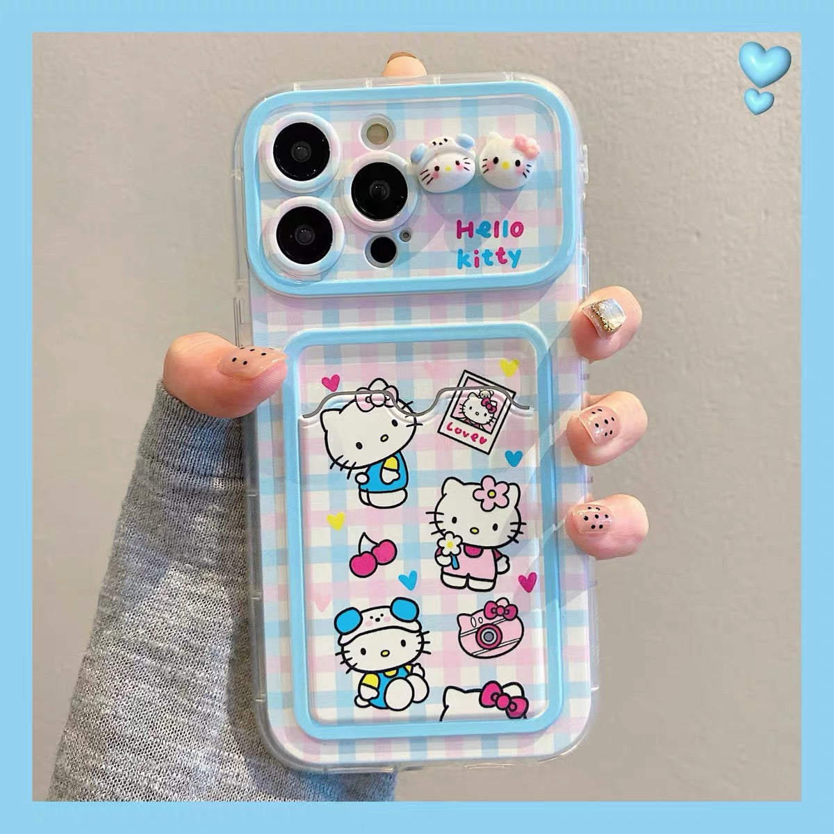 Blue and pink plaid hellokitty phone case with card holder and phonechain