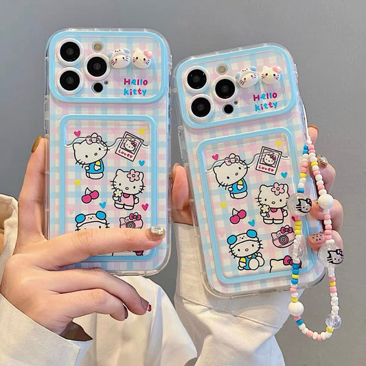 Blue and pink plaid hellokitty phone case with card holder and phonechain