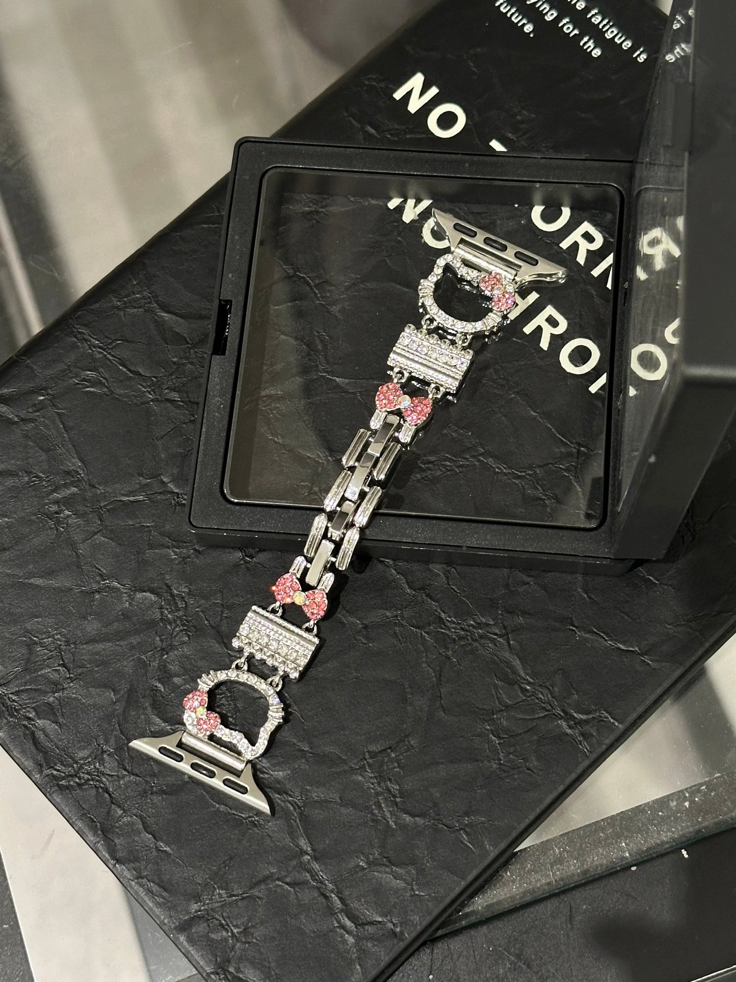 Hellokitty Apple Watch Band Bling Diamond Jewelry Metal Strap Bands with Screen Protector Case, Round Shiny Bracelet Wristband for iWatch Series
