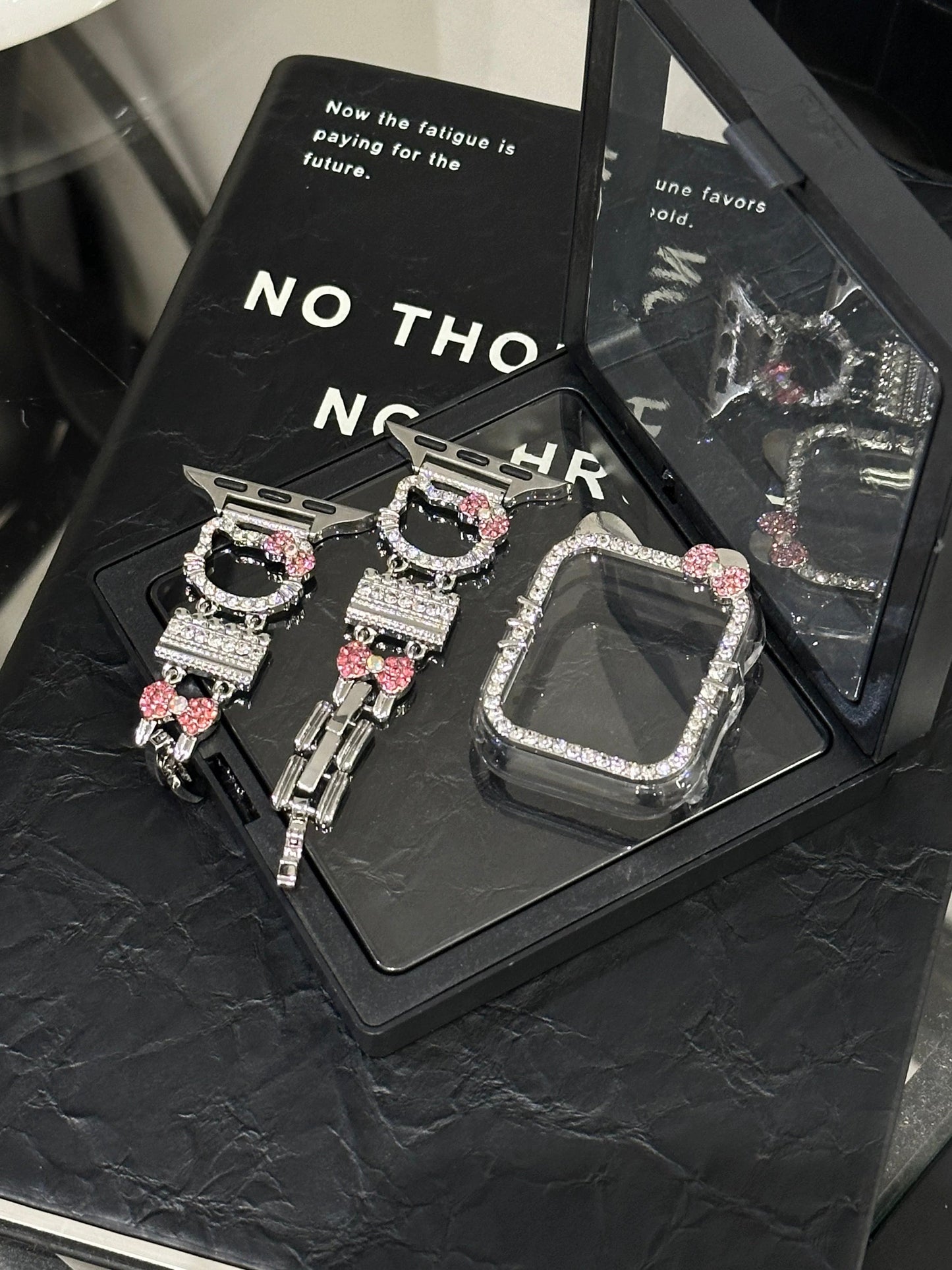 Hellokitty Apple Watch Band Bling Diamond Jewelry Metal Strap Bands with Screen Protector Case, Round Shiny Bracelet Wristband for iWatch Series