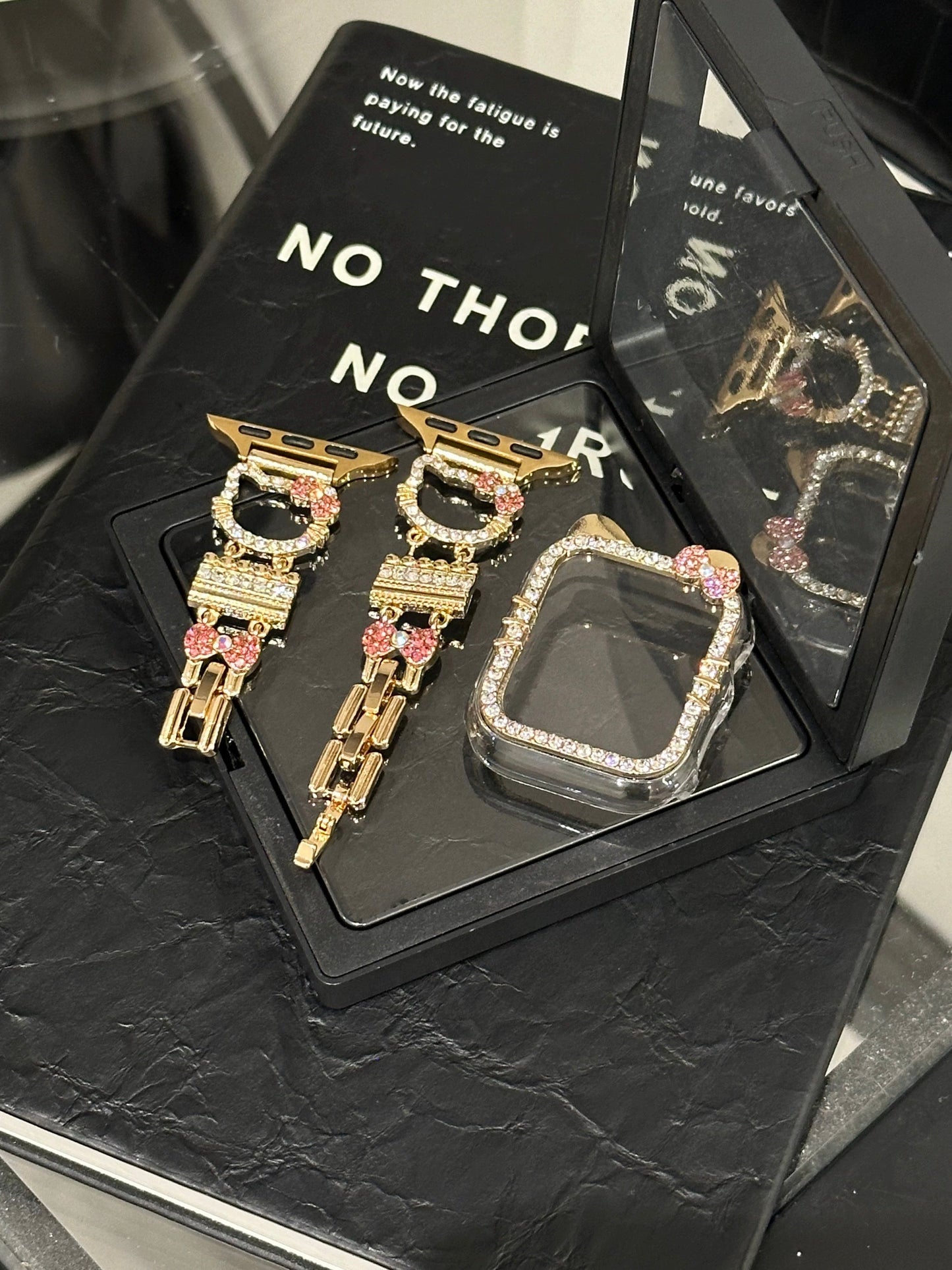 Hellokitty Apple Watch Band Bling Diamond Jewelry Metal Strap Bands with Screen Protector Case, Round Shiny Bracelet Wristband for iWatch Series