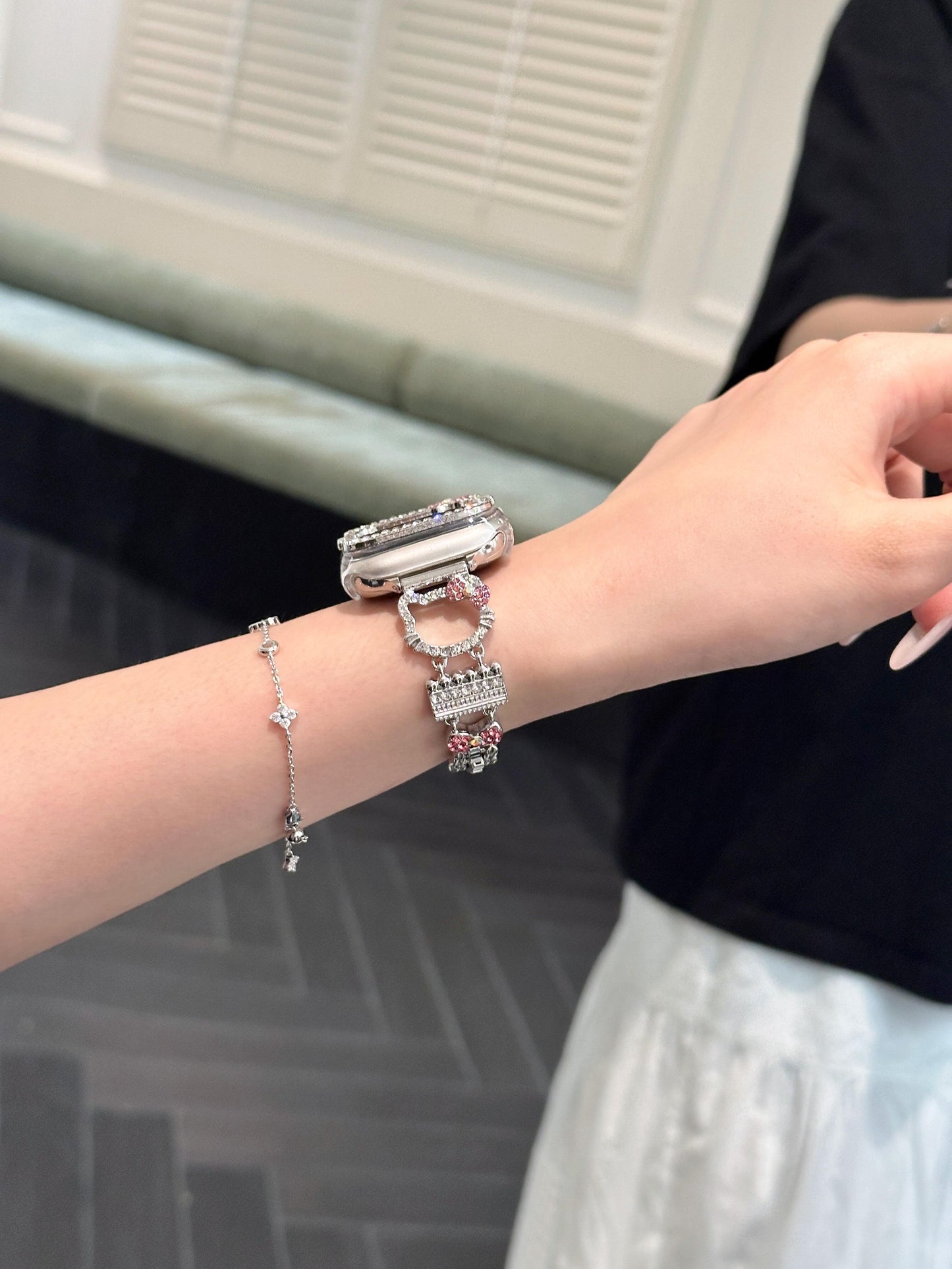 Hellokitty Apple Watch Band Bling Diamond Jewelry Metal Strap Bands with Screen Protector Case, Round Shiny Bracelet Wristband for iWatch Series