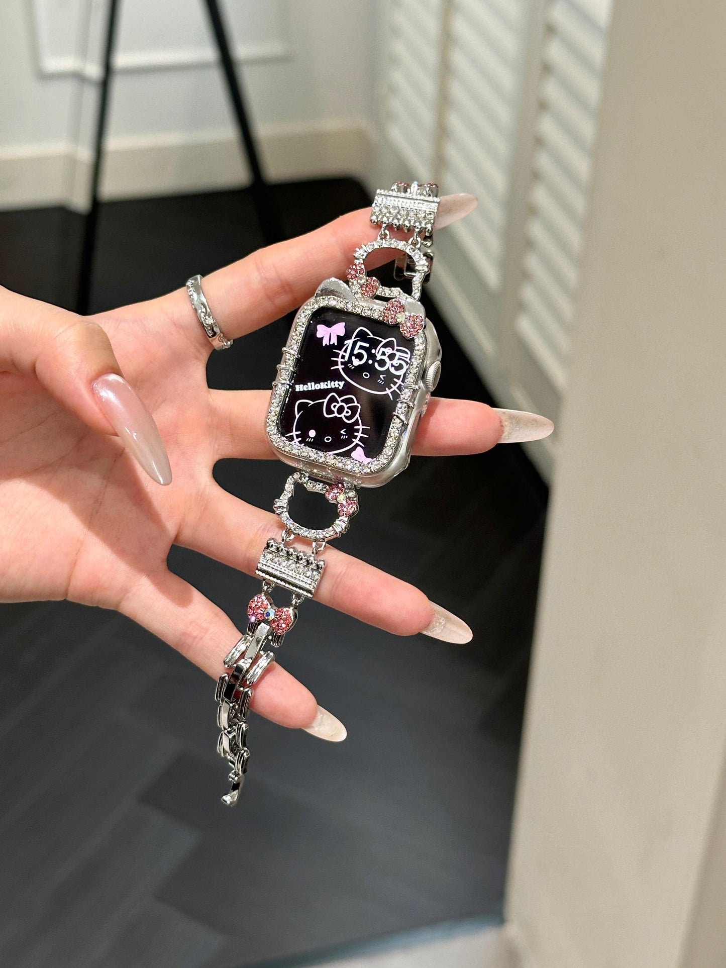 Hellokitty Apple Watch Band Bling Diamond Jewelry Metal Strap Bands with Screen Protector Case, Round Shiny Bracelet Wristband for iWatch Series