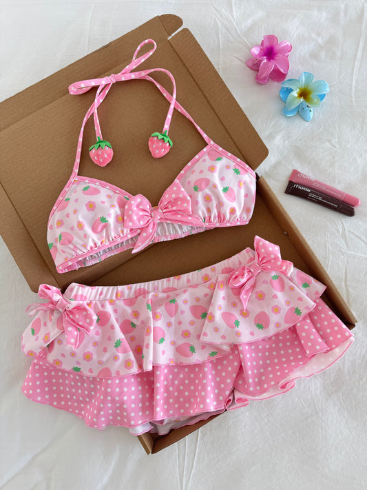 Pink Strawberry 2 Piece Swimsuit Bathing Suit Lace-up Top Ruffled Floral Summer Swimwear