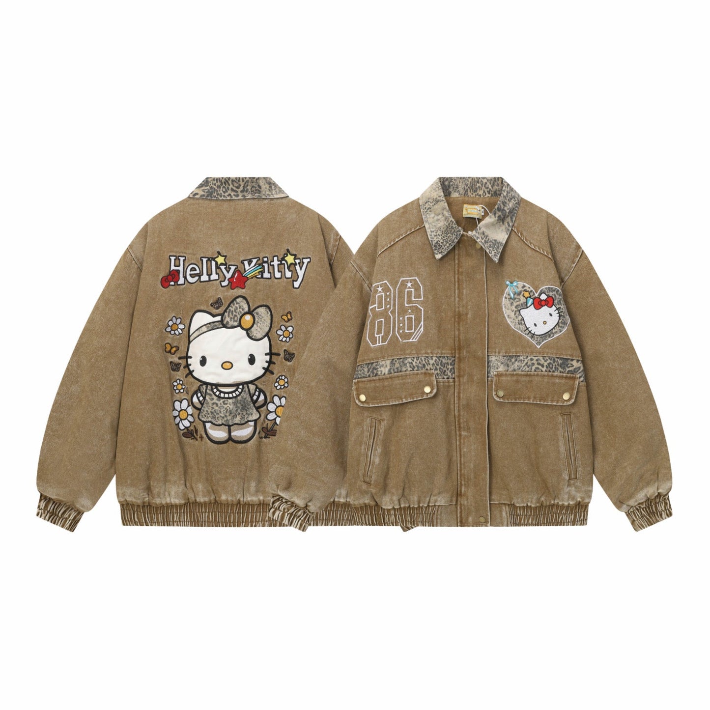 Hellokitty Brown Leopard Print Varsity Jacket Baseball Bomber Jacket Vintage Unisex Streetwear Coats