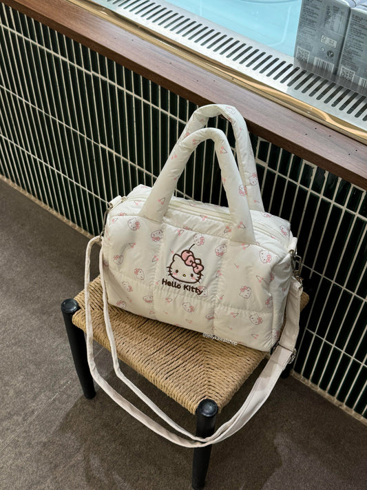Hellokitty White Cherry Puffer Shoulder Tote Bags Top Handle Satchel Soft Puffy Bags Light Winter Down Cotton Padded Quilted Handbags