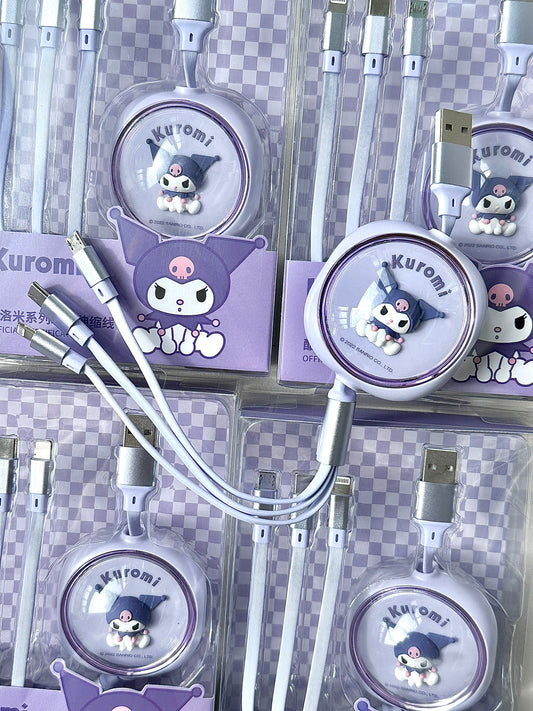 Sanrio Mult Charging Cable 3 in 1 Retractable Multi USB Cable Fast Charger Cord Adapter with IP/Type C/Micro USB Port for Cell Phones/IP/Samsung Galaxy/Ps/Tablets and More