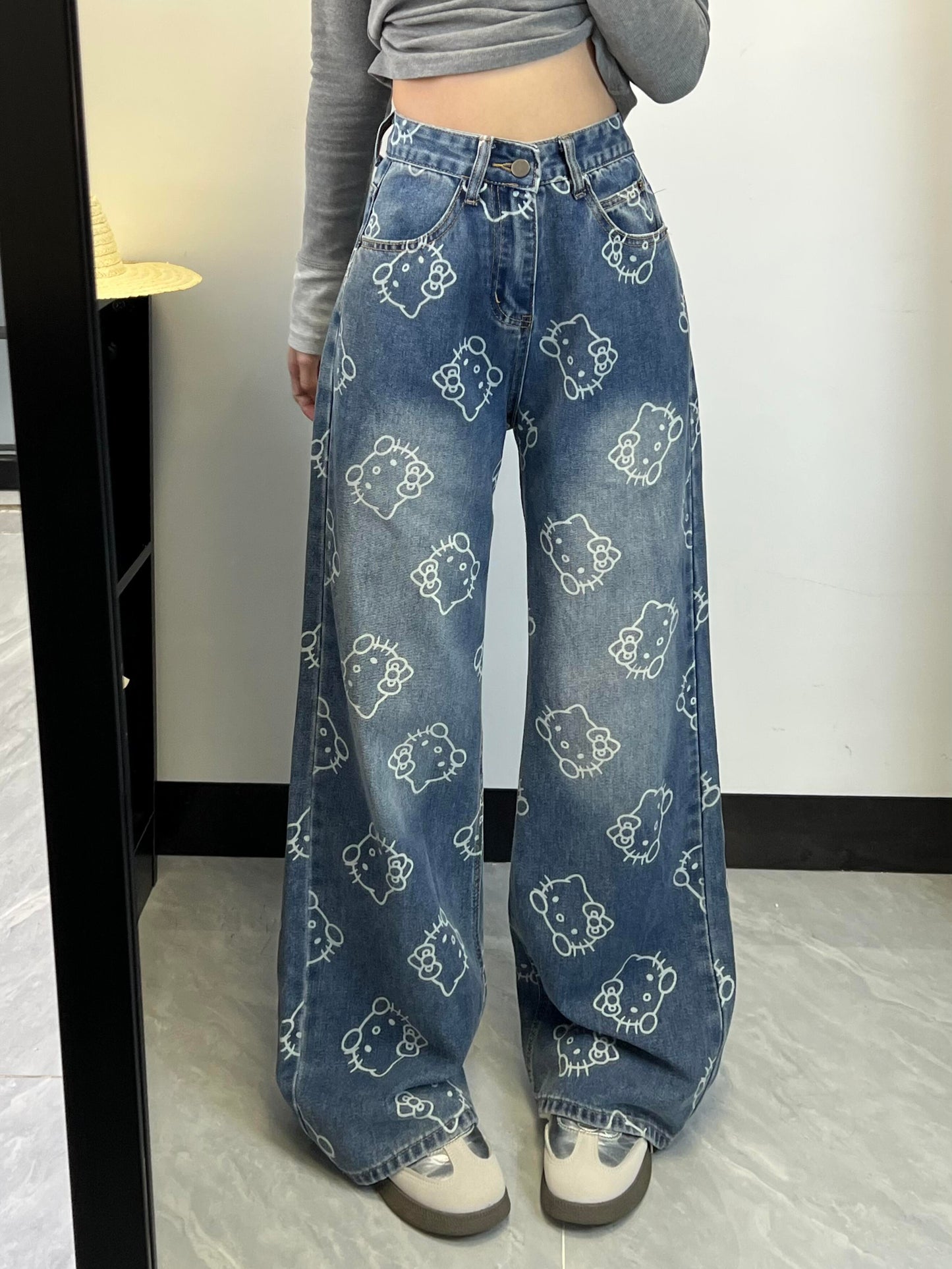 Hellokitty Pocket Embroidery Wide Leg Jeans High Waist Baggy Jeans for Women Loose Boyfriends Jeans Denim Pants