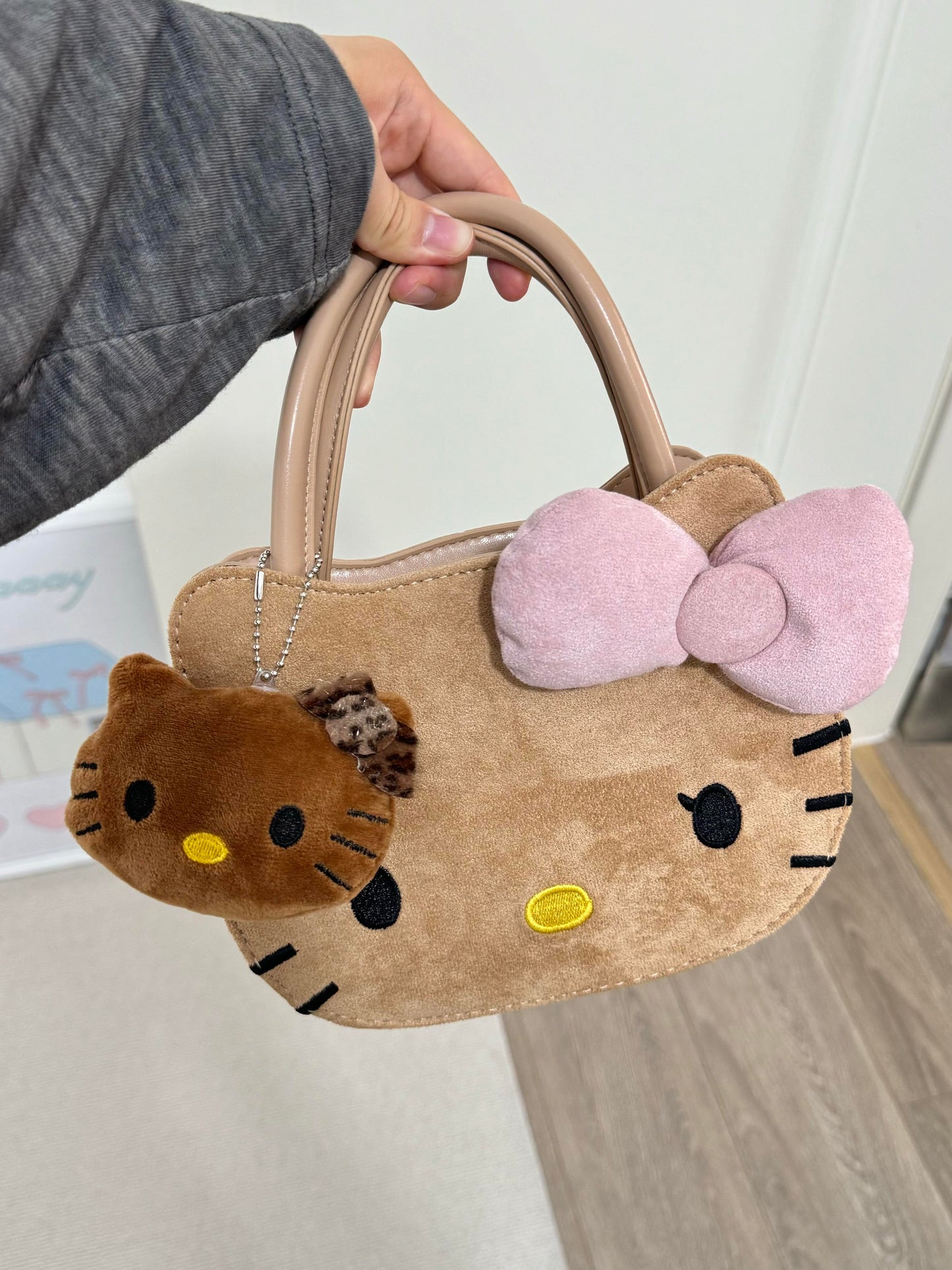 Hellokitty Shaped Brown Suede Tote Bag Handbag With Hellokitty Charm