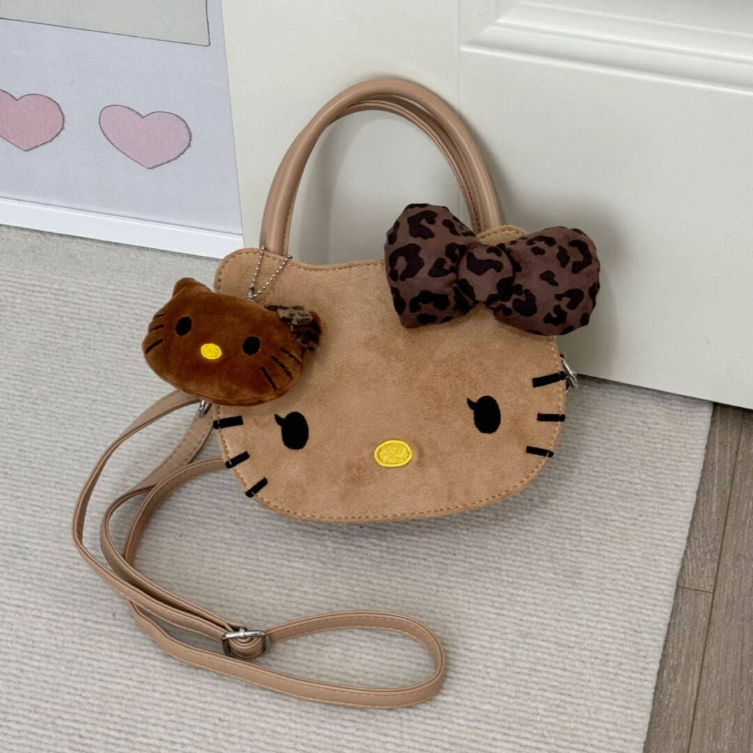 Hellokitty Shaped Brown Suede Tote Bag Handbag With Hellokitty Charm