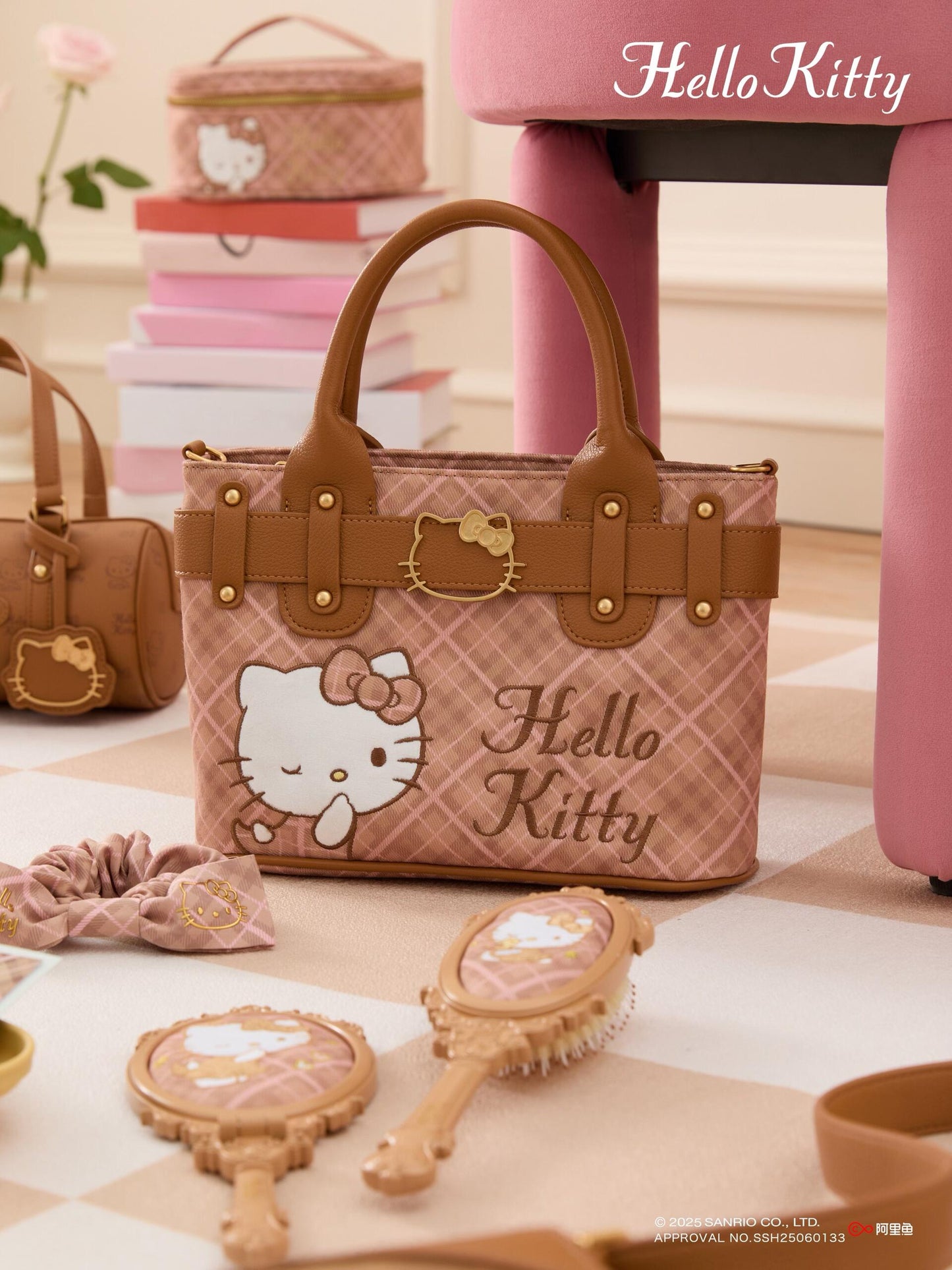 Hellokitty Embroidered Plaid Tote Bag Handbag