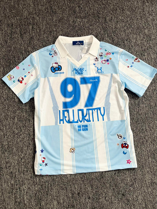 Hellokitty Jersey Shirts for Women V Neck Tshirt Striped Number Graphic Shirt Casual Y2k Streetwear Tee Tops