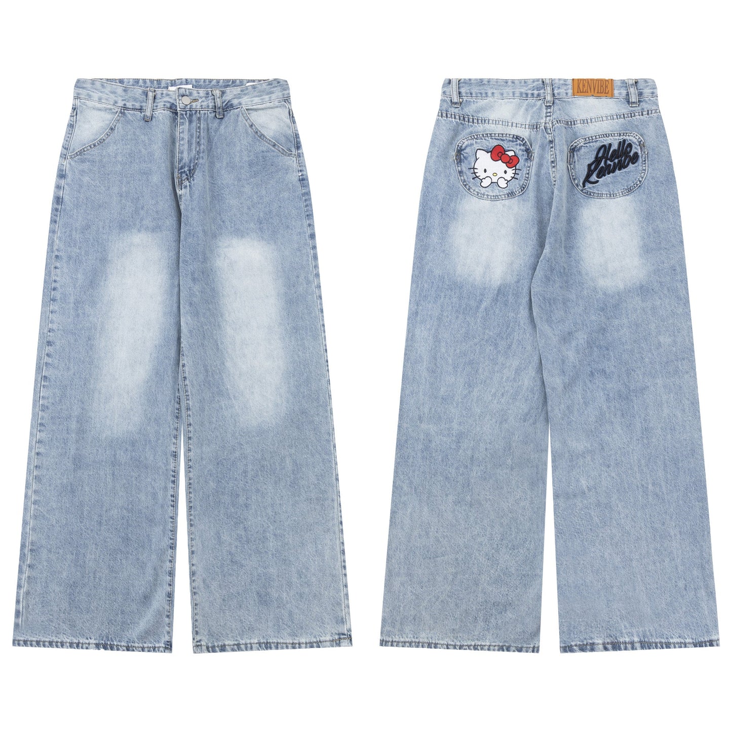Hellokitty Pocket Embroidery Wide Leg Jeans High Waist Baggy Jeans for Women Loose Boyfriends Jeans Denim Pants Y2K 90s