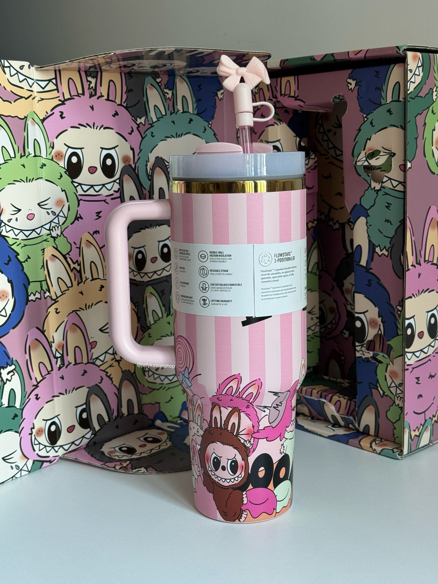 LABUBU Pink Stripe In-Car Insulated Cup 1200 ml Tumbler with Handle Stainless Steel Insulated Cup with Lid (Gift box）