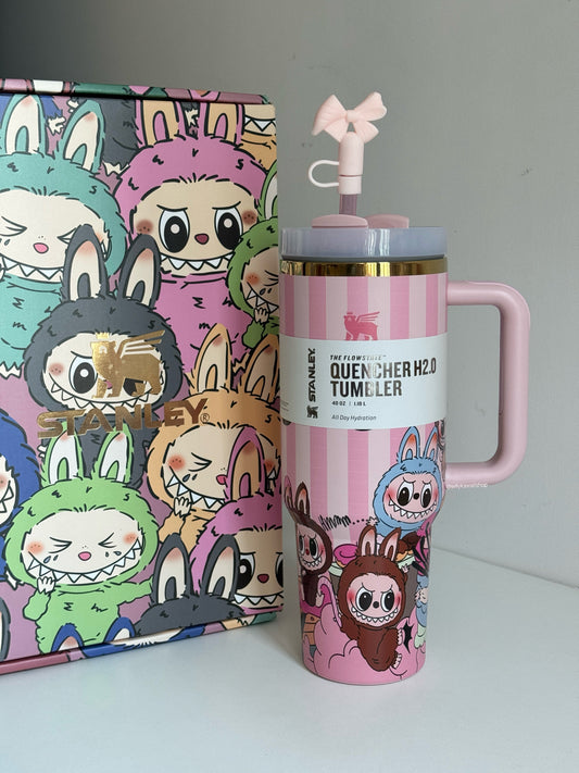 LABUBU Pink Stripe In-Car Insulated Cup 1200 ml Tumbler with Handle Stainless Steel Insulated Cup with Lid (Gift box）
