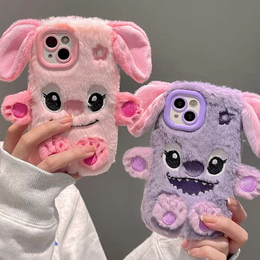pink and purple Stitch cartoon plush ear phone case - kikigoods