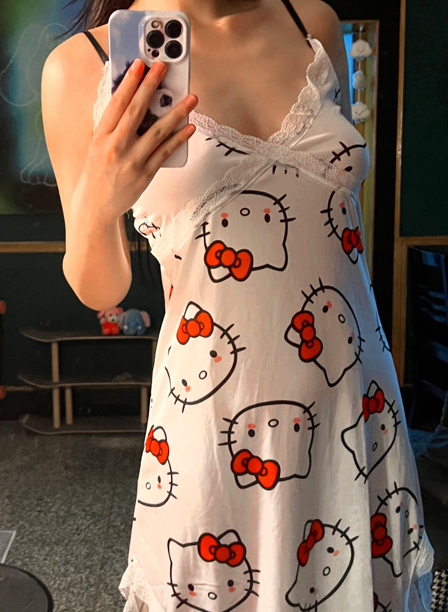 Hellokitty Women Chemise Night Gown Lace Modal Sleepwear V-Neck Full Slip Babydoll Lingerie Sexy Nightgowns