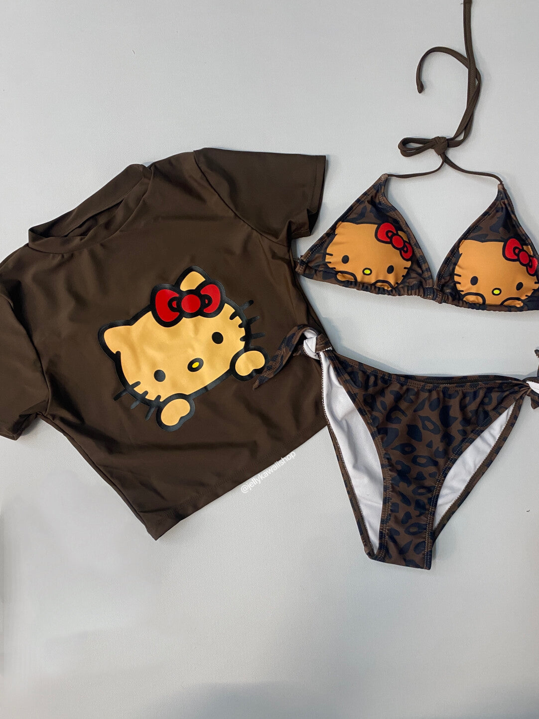 Hellokitty Women's 3 Piece Swimsuit Halter String Bikini Tie Side Mesh Short Sleeve Bathing Suits