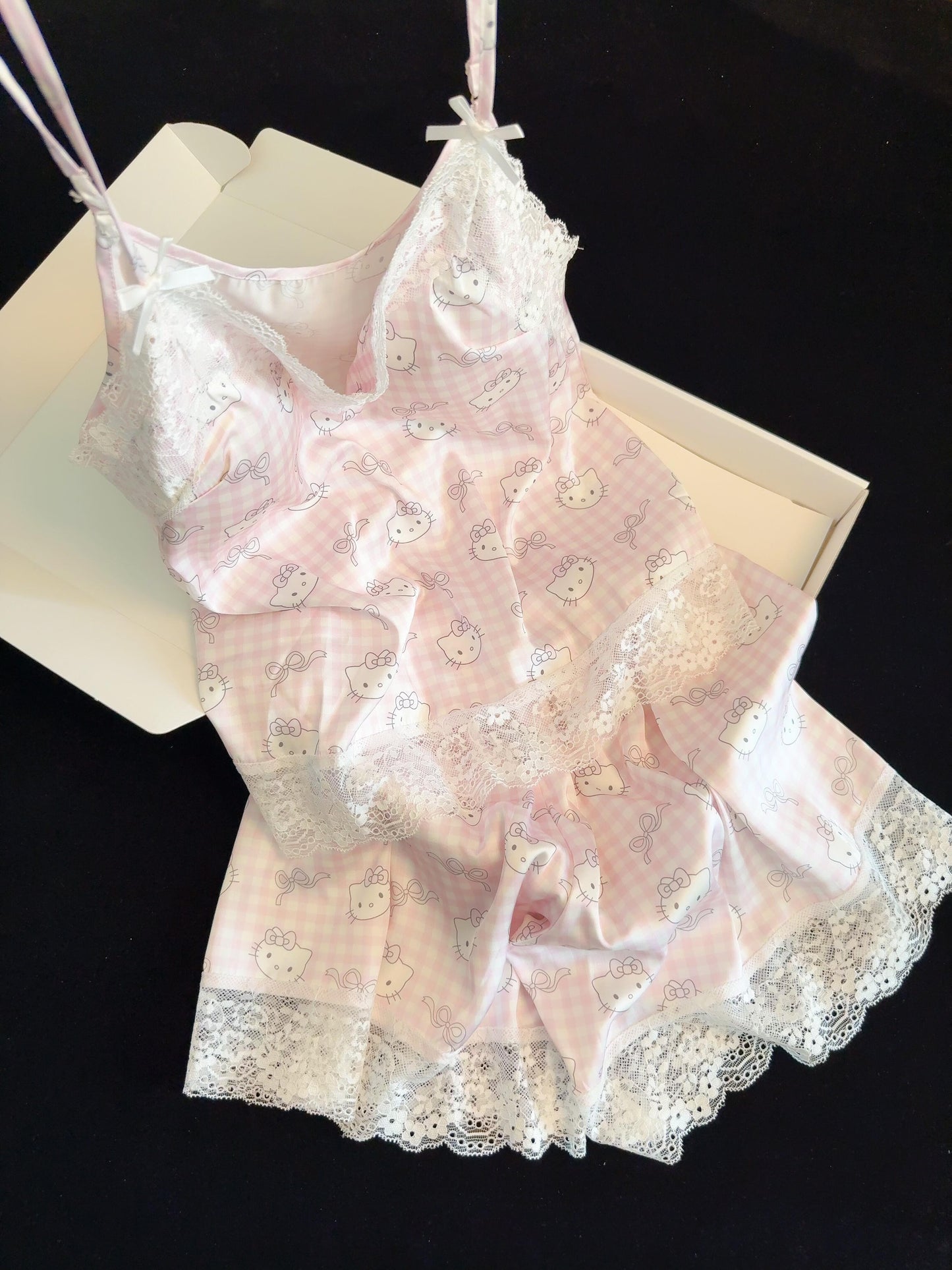 Hellokitty Pink Lace Pajama Set for Women 2 Piece Lingerie Sleepwear Camisole Pj Shorts Set Soft Nightwear