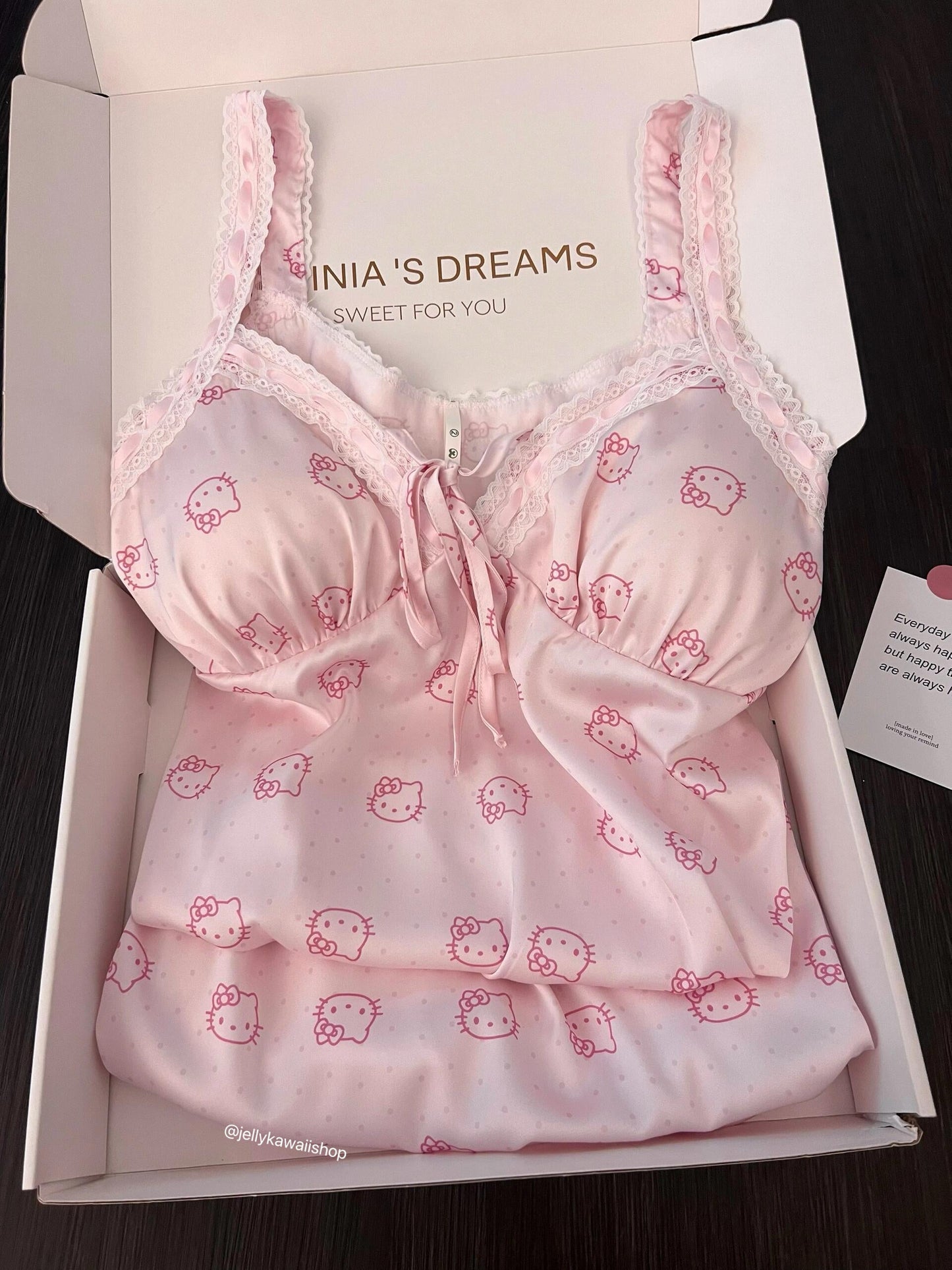 Hellokitty Pink Lace Silk Nightgown for Women Satin Slip Dress Nightdress