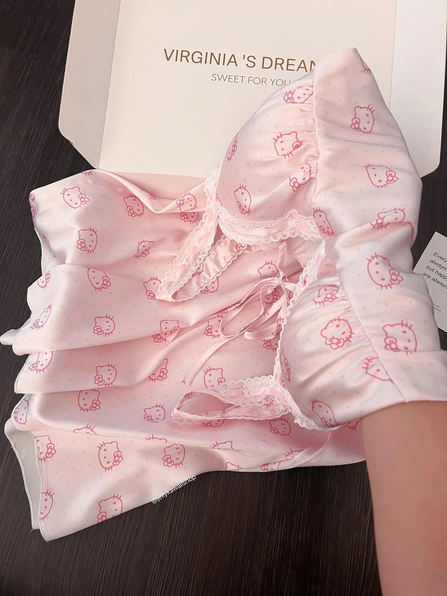 Hellokitty Pink Lace Silk Nightgown for Women Satin Slip Dress Nightdress