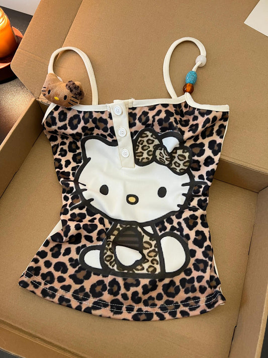 Hellokitty Women's Leopard Print Cami Crop Top Halter Tie Backless Y2k Tops