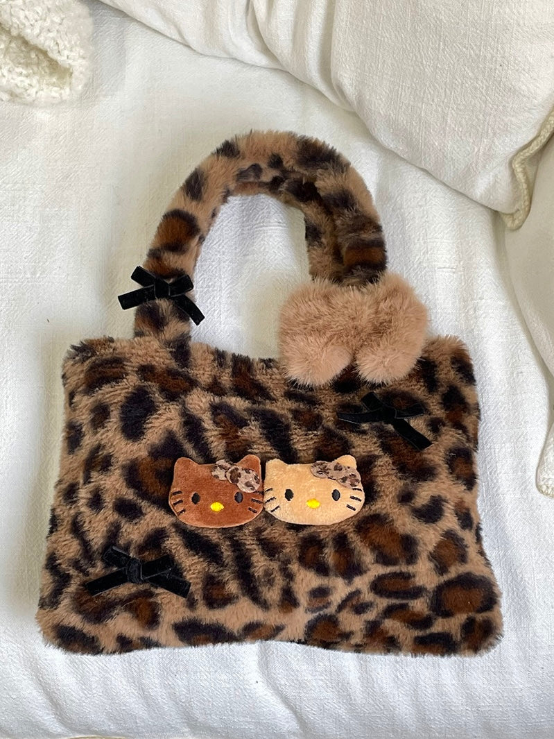 Hellokitty Leopard Print Cute Small Bags Plush Bag for Women Kawaii Carry on Bag Handbags