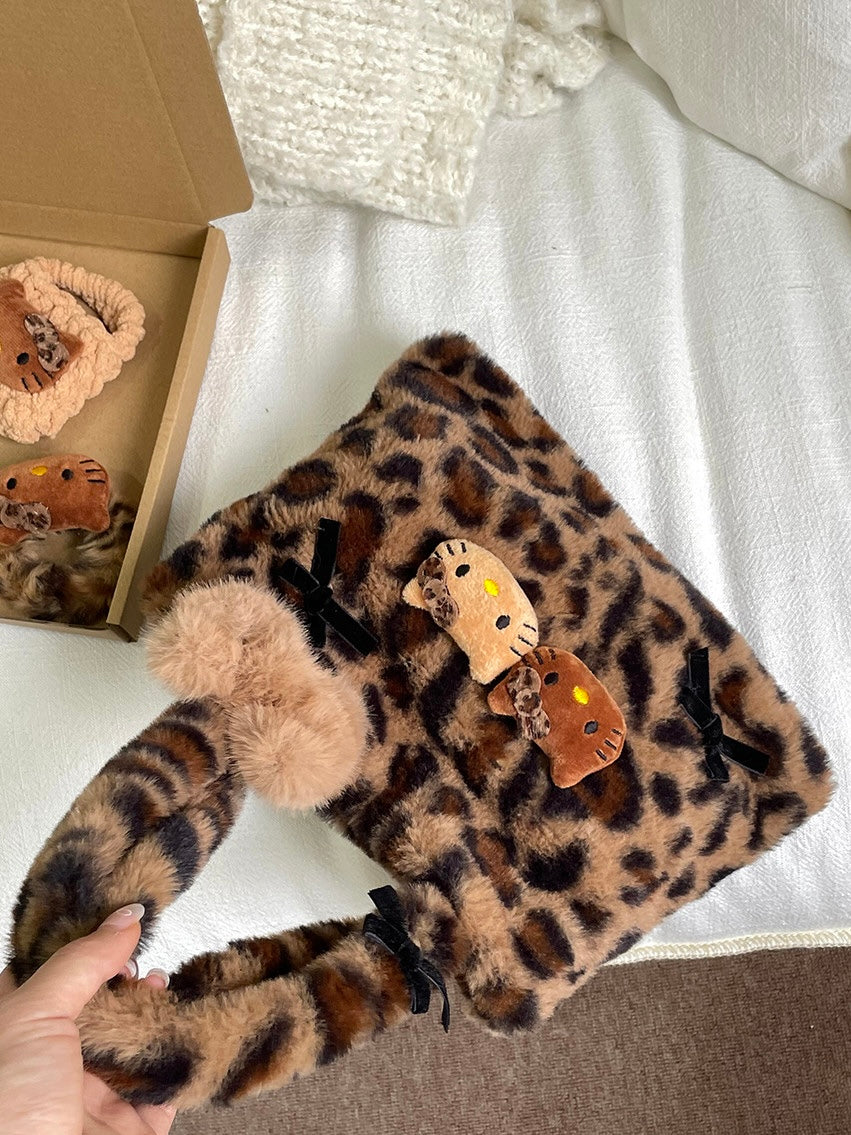 Hellokitty Leopard Print Cute Small Bags Plush Bag for Women Kawaii Carry on Bag Handbags