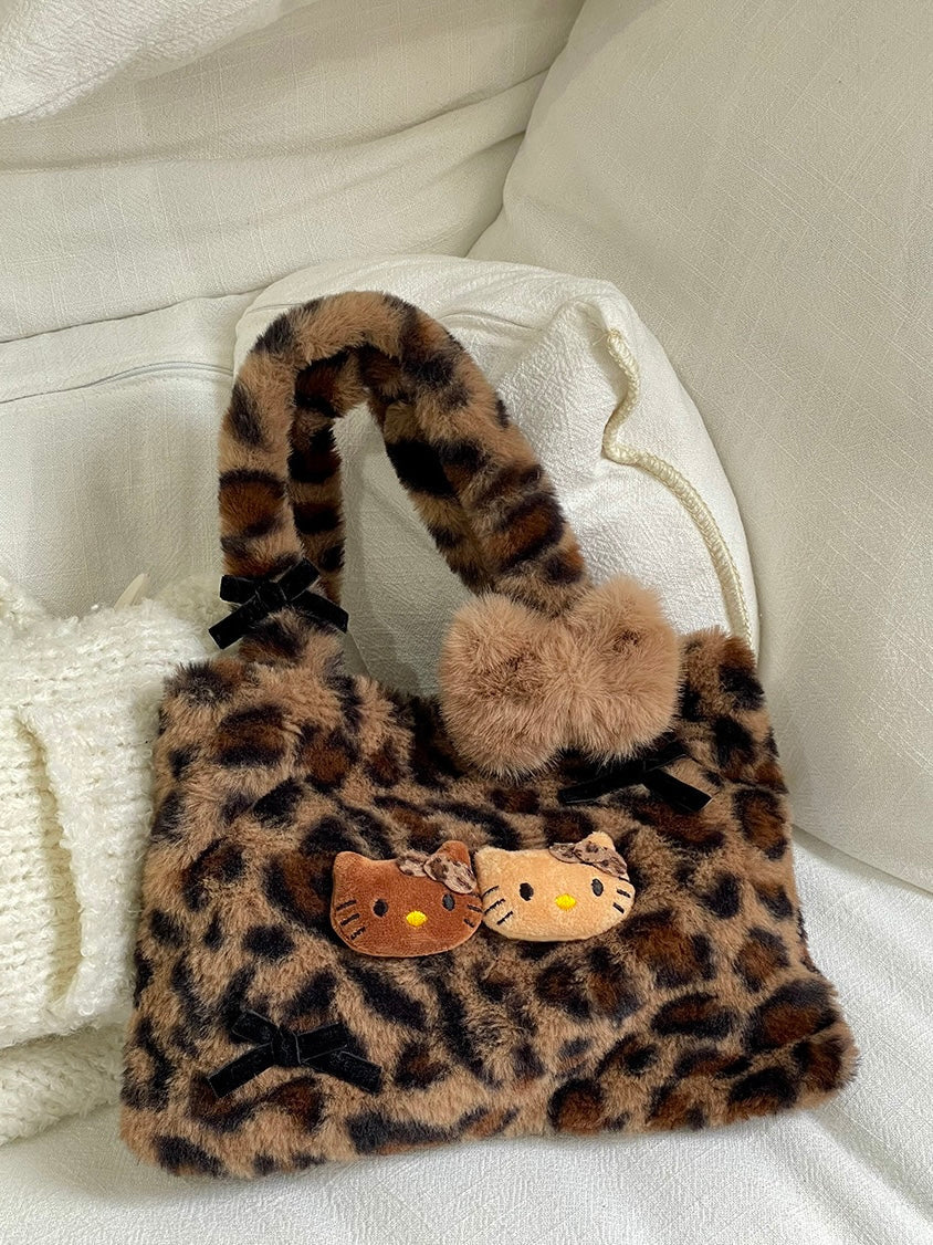 Hellokitty Leopard Print Cute Small Bags Plush Bag for Women Kawaii Carry on Bag Handbags