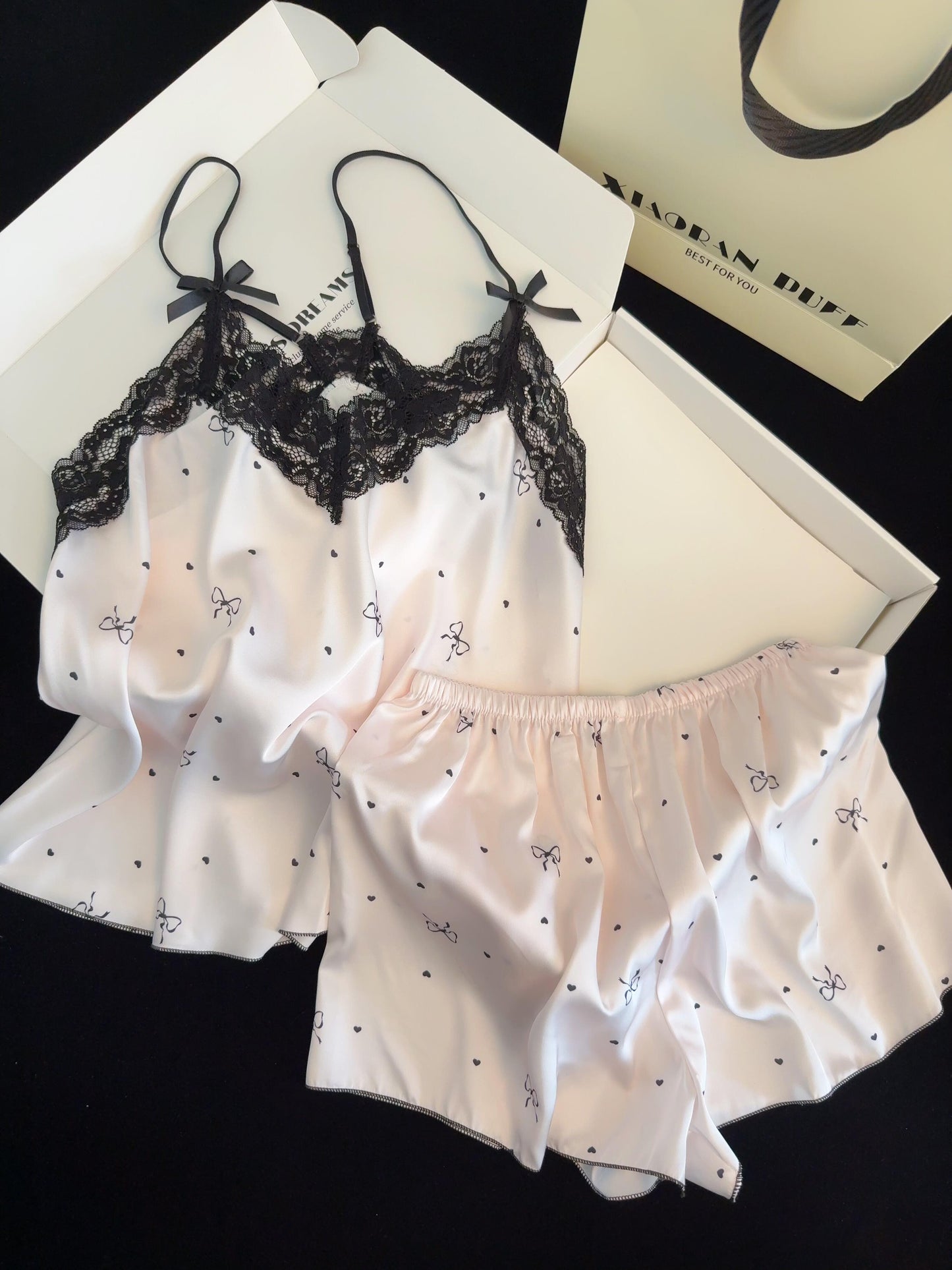 Black Lace Pink Satin Pajama Set for Women 2 Piece Silky Lingerie Sleepwear Camisole Pj Shorts Set Soft Nightwear