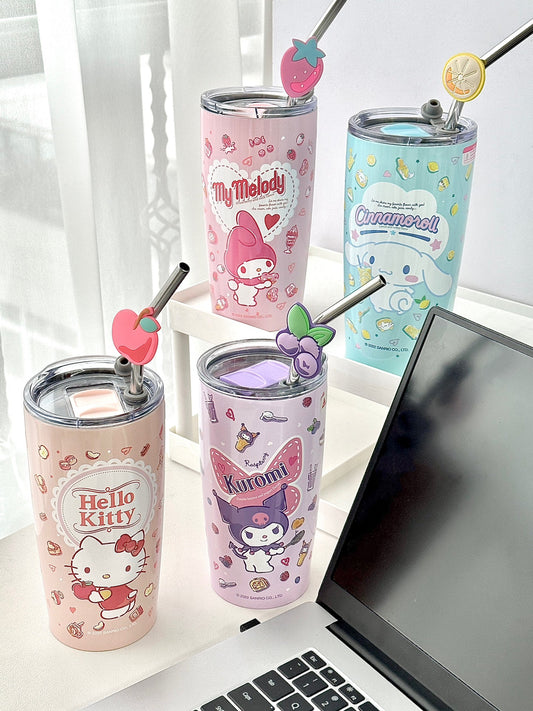 Sanrio 20oz Cup Insulated Travel Mug Bulk, Stainless Steel Tumblers with Lid and Straw, Durable Powder Coated Coffee Cups for Cold & Hot Drinks - kikigoods