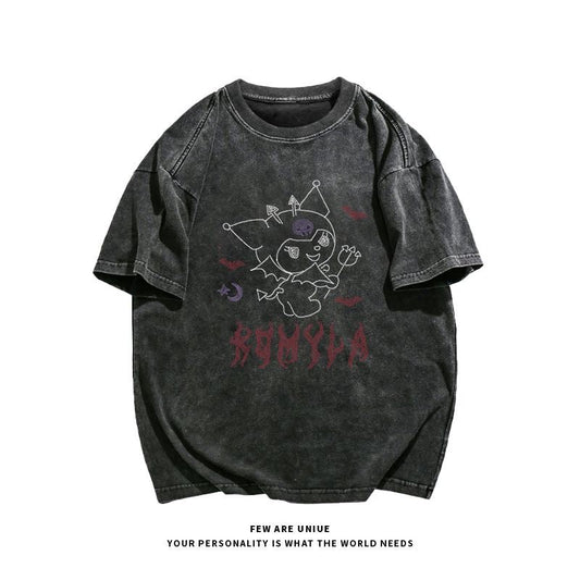 Kuromi Water-Washed Vintage Short-Sleeve Shirt - kikigoods